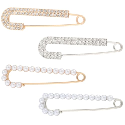 CREATCABIN 4pcs Women Brooch Pin Faux Crystal Pearl Brooches Sweater Shawl Clip Decorative Safety Pins Cardigan Collar Dress Shirt Clip Rhinestone Decoration for Clothing Hat Gold Silver 2.87×0.79in