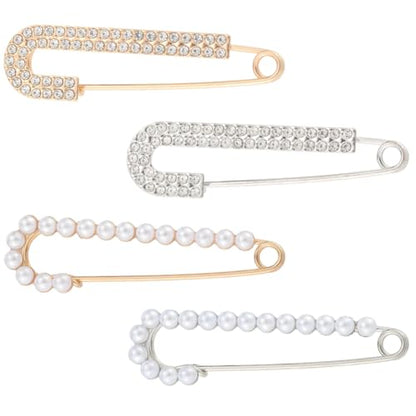 CREATCABIN 4pcs Women Brooch Pin Faux Crystal Pearl Brooches Sweater Shawl Clip Decorative Safety Pins Cardigan Collar Dress Shirt Clip Rhinestone Decoration for Clothing Hat Gold Silver 2.87×0.79in
