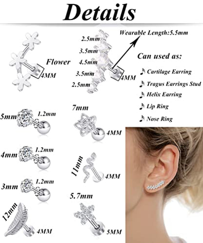 Tornito 9-30Pcs Cartilage CZ Stud Earrings Conch Forward Helix Tragus Daith Piercing Lip Rings Snake Heart Butterfly Jewelry for Women Men 16G Silver Gold Tone - color: F:Silver Tone