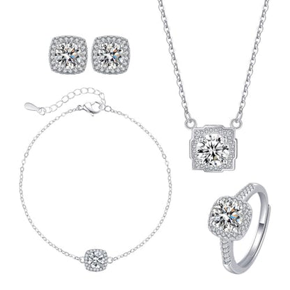 4pcs Cubic Zirconia Wedding Jewelry Sets for Bride Bridesmaid Cubic Zirconia Pendant Necklace Earrings Link Tennis Bracelet Open Ring Set for Women Birthday/Valentine's Day/Mother's Day/Christmas