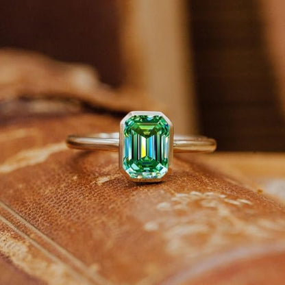2.5CT Emerald Cut Moissanite Solitaire Ring, 14K Yellow Gold Engagement Ring, Bezel Setting, Statement Ring, Gift For Her, Wedding Ring By SHREESHYAMJEWELLS - color: Green Moissanite