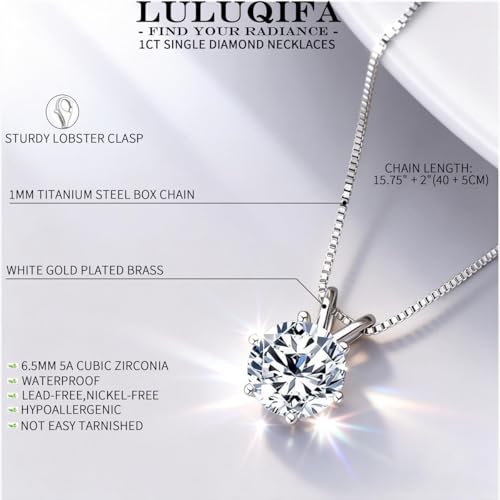 1Ct Cubic Zirconia Necklaces for Women Dainty Solitaire Simulated Diamond White Gold Pendant,Silver Clavicle Choker Adjustable Box Chain,Luxury Trendy Jewelry for Anniversary Her Mom Wife Gifts - color: White gold