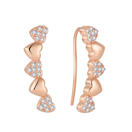 Heart Climber Earrings for Women 925 Sterling Silver White/Yellow/Rose Gold Plated Cubic Zirconia Ear Crawler Earrings Jewelry - color: Rose