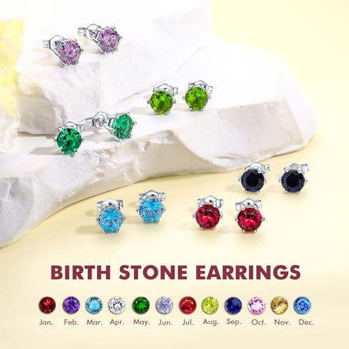 DAYBYDAY 925 Sterling Silver Birthstone Earrings for Women, Crystal Stud Earrings, 6.5mm Round Cut Solitaire Gemstone Earrings Birthday Jewelry - style: Round Cut-07. Jul/created ruby