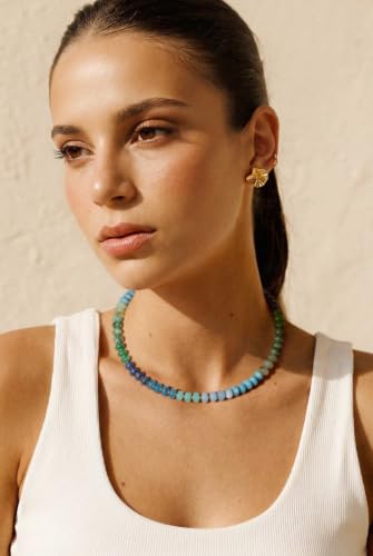 Aobei Pearl 18K Gold Plated Paperclip Chain Choker Satellite Chain Freshwater Cultured Biwa Pearl Pendant Necklace Dainty Turquoise Jewelry for Women - color: Multi-colors (Green Blue)
