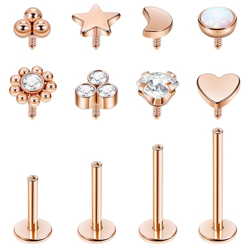 NICEIGHT 16G 18G 316L Stainless Steel Internally Threaded Labret Monroe Studs Lip Rings Stud for Women Men Flat Back Cartilage Tragus Earrings Studs Forward Helix Earrings Conch Medusa Piercing - color: Rose Gold, size: 18G