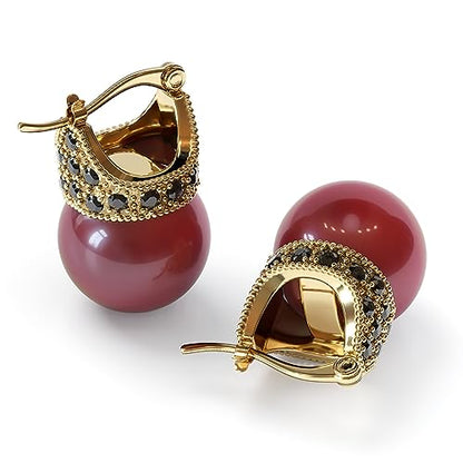 Glass Pearl Earrings Crystal Accent Crown Shape for Wedding, Bridal, Formal & Fashion - color: Red/Gold