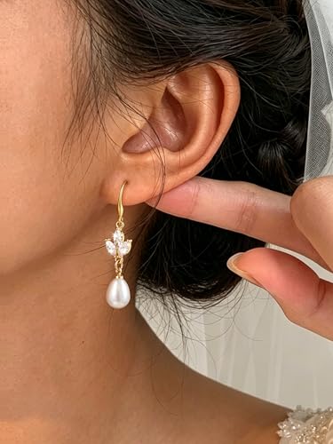 Pearl Drop Earrings 14K Gold Plated Dainty Bridesmaid Jewelry Gift - color: white