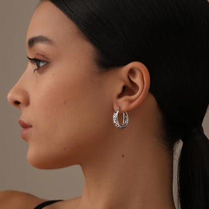 LeCalla 925 Sterling Silver Chunky Hoop Earrings | Filigree Heart Hoop Earrings for Women | Oval & Round Mesh Filigree Click-Top Hoops Earring | Hypoallergenic Earrings for Women - color: Antique Oval Filigree 24MM