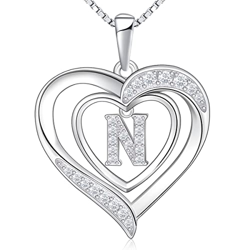RIVIKO Heart Initial Necklace for Women, 925 Sterling Silver Letter Pendant,Personalized Charm Alphabet Jewelry Valentines Mother's Day Anniversary Christmas Birthday Gifts for Women Her Mom Wife - color: Letter-N