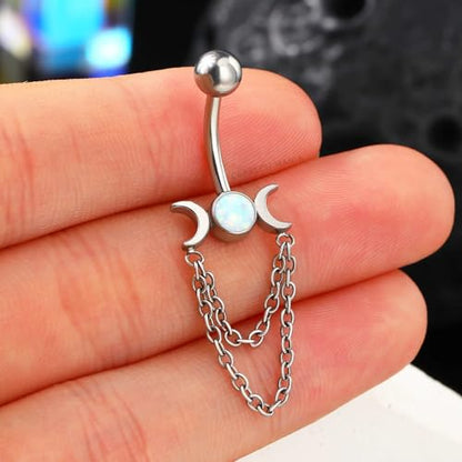 Moon Phase Belly Button Rings Double Chain Belly Rings 316L Stainless Steel Belly Button Piercing Jewelry 14Gauge Belly Ring for Women - color: Opal