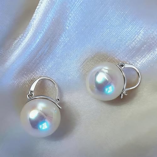 HUGE TOMATO 925 Sterling Silver Simulated Shell Pearl Earrings for Women Trendy, Big Pearl Drop Earrings Leverback Stud,18K Gold Plated Large Pearl Hoop Dangle Hypoallergenic Jewelry 14mm - color: Opal-12mm