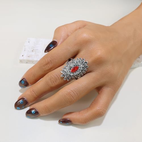 Boho Retro Rhinestone Ring Ethnic Big Flower Crystal Finger Ring Trendy Statement Tribal Indian Dance Costume Ring Jewelry for Women - color: Silver-red
