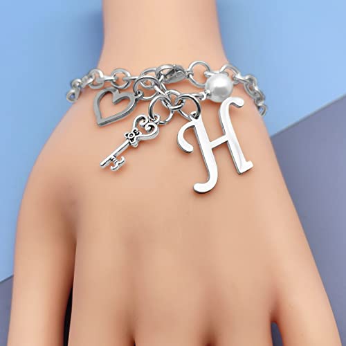 Initial A-Z Bracelets Gift for Women Girls Stainless Steel Chain Bracelet 26 Alphabet Jewelry Gifts for Birthday Anniversary Letter Bracelet Monogram Gifts for Sister Friend Girlfriends Mom 8.26 Inch - color: H