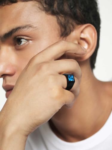 KeyStyle Square Gemstone Signet Rings for Men, Personalized Stainless Steel Pinky Ring with Black Onxy Blue Topaz Birthstone Statement Ring - color: Black - Blue Topaz - 8mm