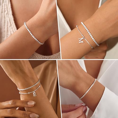 Gold Bracelets for Women Girls - Dainty Gold/Silver Bracelet Stack Jewelry Set Personalized Initial Bracelets Cute Stackable Rope Box Chain Tennis Bracelets Gifts for Women Teen Girl Gifts - color: J-Silver
