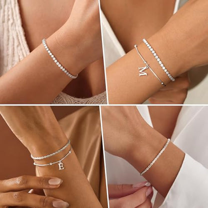 Gold Bracelets for Women Girls - Dainty Gold/Silver Bracelet Stack Jewelry Set Personalized Initial Bracelets Cute Stackable Rope Box Chain Tennis Bracelets Gifts for Women Teen Girl Gifts - color: B-Silver
