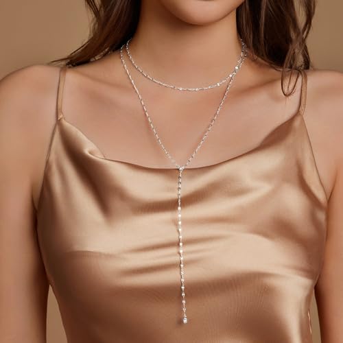 Zeffy Lariat Gold Necklace for Women, Dainty Long Necklace 14k Gold/Silver Plated Layered CZ Beaded Bar Chain Y-Shaped Body Chain Stack Drop Wedding Necklace Trendy Simple Gold Jewelry Gifts - color: Silver CZ Layered Y Necklace(1PCS)