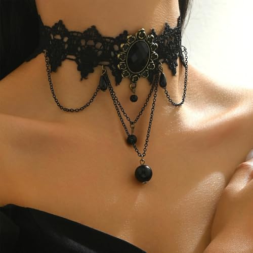 Gothic Lace Choker Necklace for Women, Pearl Sexy Tassel Adjustable Choker Necklace, Boho Halloween Jewelry for Festival Party Cosplay Costume Gifts - color: black Rose Tassels