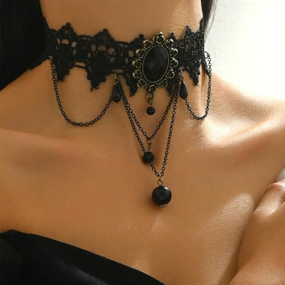 Gothic Lace Choker Necklace for Women, Pearl Sexy Tassel Adjustable Choker Necklace, Boho Halloween Jewelry for Festival Party Cosplay Costume Gifts - color: black Rose Tassels