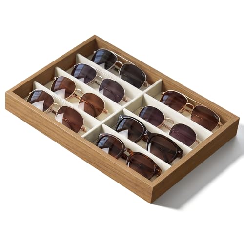 Stratalife 8 Grids Drawer Sunglasses Organizer Tray, Beige Velvet | Stackable Eyeware Storage Case with Removable Dividers, Wood Jewelry Display Case for Necklace Bracelet, 13.78x9.5x1.2 Inch - color: Beige-01