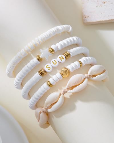 Shell Bracelets for Women Layered Seashell Starfish Bracelets Stackable Stretch Boho Beaded Bracelet Summer Beach Surfer Bracelet Seaside Beach Dress Outfits Accessories - color: A5:shell bracelets