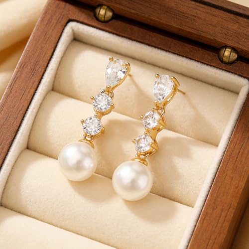 Sonateomber Gold Silver Pearl Rhinestone Dangle Earrings for Women, Elegant CZ Leaf Butterfly Bridal Earings Prom Wedding Fashion Jewelry Gift - color: Teardrop Pearl