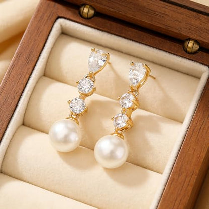 Sonateomber Gold Silver Pearl Rhinestone Dangle Earrings for Women, Elegant CZ Leaf Butterfly Bridal Earings Prom Wedding Fashion Jewelry Gift - color: Teardrop Pearl
