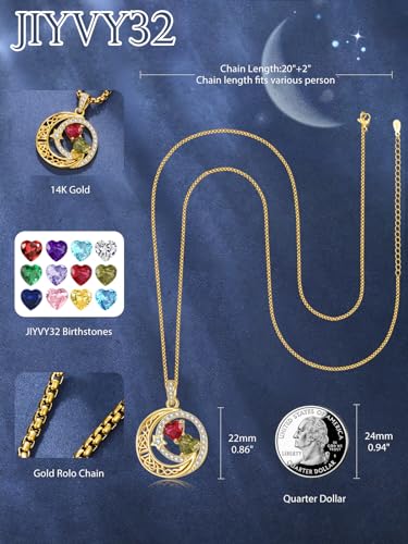 14K Gold Moon and Star Double Birthstone Necklace Gifts for Women | 2 Heart Birthstone Necklace,Mothers Day Wedding Anniversary Birthday Gifts for Wife Mom Daughter Grandma Sister - color: 07-09-Jul-Sept Birthstone