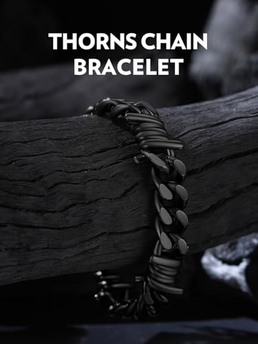 Bandmax Barbed Wire Chain Bracelets for Men Women Stainless Steel/Black/Gold Thorn Cuban Link Bracelet Adjustable Punk Emo Style Jewelry Gift - color: 11 12MM-Black Plated