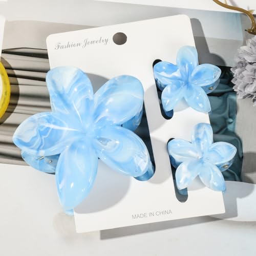 Flower Hair Clips for Women Girls Claw Clips Set Sky Blue Plumeria with Marble Design Barrettes Summer Hair Clip Fashion Hair Styling Accessories for Thick Thin Hair(3Pcs: 1 Large 2 Small) - color: Sky Blue