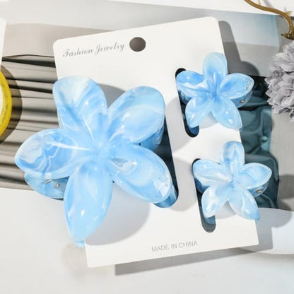 Flower Hair Clips for Women Girls Claw Clips Set Sky Blue Plumeria with Marble Design Barrettes Summer Hair Clip Fashion Hair Styling Accessories for Thick Thin Hair(3Pcs: 1 Large 2 Small) - color: Sky Blue