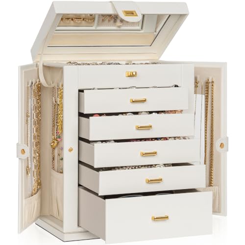 AKOZLIN 6-Tier Jewelry Box Organizer Functional 5 Drawers Leather Jewelry Storage Case for Women Girls Ring Necklace Earring Bracelet Holder Organizer with Mirror XL White 360° Rotating - color: White, size: XXLarge