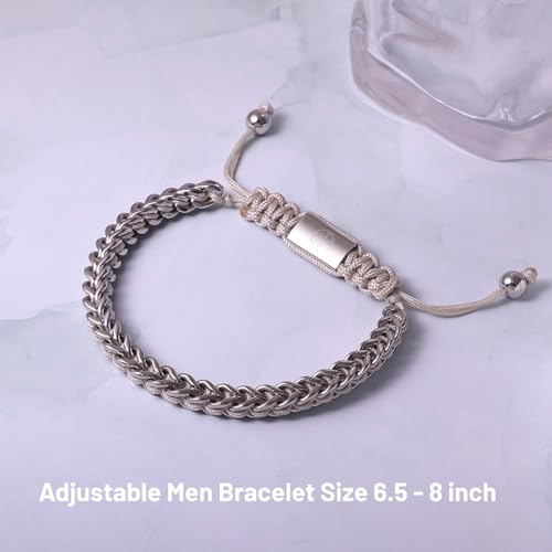 18K Gold-Plated Bracelets for Men Franco Link Chain Adjustable | Stainless Steel Bracelet, Gold Beads Bracelet, Handcrafted Braided, Mens Jewelry Birthday Gift for Men - color: Silver with Grey