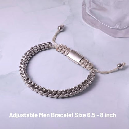 18K Gold-Plated Bracelets for Men Franco Link Chain Adjustable | Stainless Steel Bracelet, Gold Beads Bracelet, Handcrafted Braided, Mens Jewelry Birthday Gift for Men - color: Silver with Grey