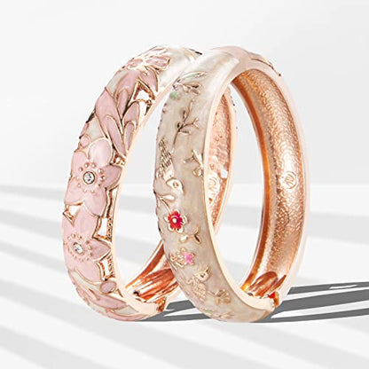 UJOY Cloisonne Indian Bangle Colored Crystal Plated Hinge Cuff Bracelet Hollowed Bird Enamel Jewelry Gift 55C49 - color: A11-2 Pcs/set-Cream White