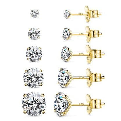 925 Sterling Silver Earrings, Cubic Zirconia Stud Earrings, Diamond Stud Earrings for Women - color: Gold-3mm,4mm,5mm,6mm,7mm
