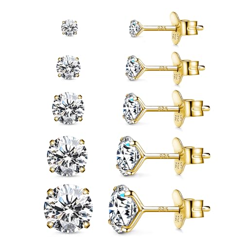 925 Sterling Silver Earrings, Cubic Zirconia Stud Earrings, Diamond Stud Earrings for Women - color: Gold-3mm,4mm,5mm,6mm,7mm