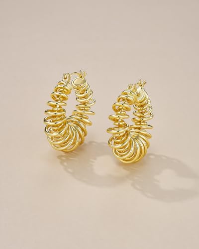 18K Gold Plated Chunky Curve Twisted Open Hoop Statement Stud Earrings with CZ for Women by SNGIA, Large Handmade Spiral Texture Braided Formal Trendy Hoop Jewelry Gifts, Big Circle Geometric Shell Beachy Vacation Fashion Hanging Earrings Accessories, Vin