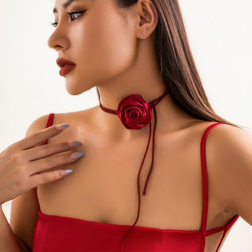 Red Camellia Flower Fabric Choker Necklace for Women Black Rose Floral Rope Statement Necklaces Trendy Costume Outfit Cloth Jewelry Petal Accessories - color: Red