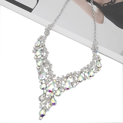 Bridal Bridesmaid Austrian Crystal Jewelry Set, Floarl rhinestone Statement Neckace Teardrop Necklace Drop Dangle Earrings Set - color: White AB Color-Silver Tone