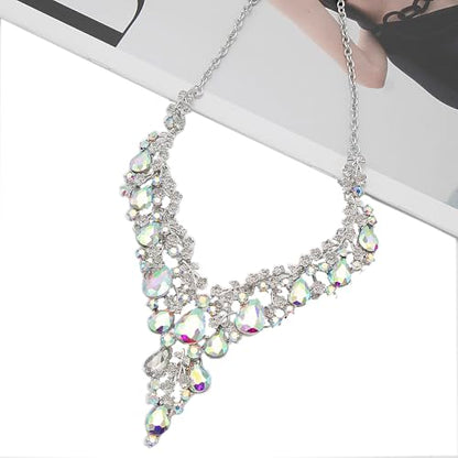 Bridal Bridesmaid Austrian Crystal Jewelry Set, Floarl rhinestone Statement Neckace Teardrop Necklace Drop Dangle Earrings Set - color: White AB Color-Silver Tone