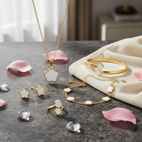 Clover Jewelry Set for Women Non Tarnish Gold-Tone Five Leaf Clover Necklace, Earrings, Ring, Bracelet Fashion Simple Floral Jewelry Set - color: White