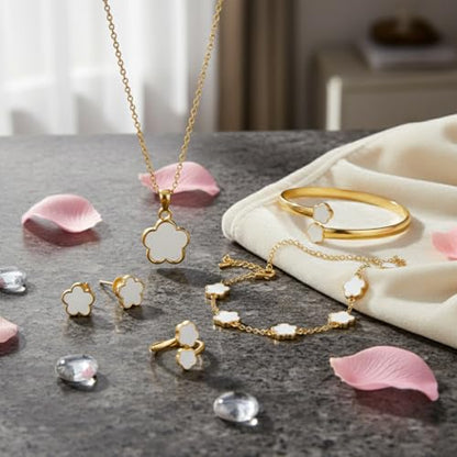 Clover Jewelry Set for Women Non Tarnish Gold-Tone Five Leaf Clover Necklace, Earrings, Ring, Bracelet Fashion Simple Floral Jewelry Set - color: White