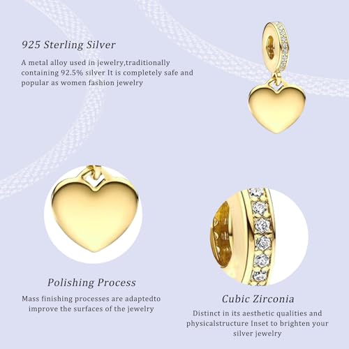 14K Gold Plated Silver Charms for Pandora, Women Heart Family Love Pet Animal Bead Dangle for Bracelets Necklace Jewelry Gift - color: B-Golden heart Pendant