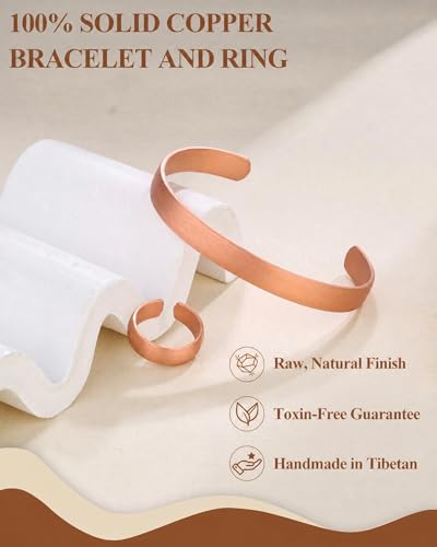 Pure Copper Bracelet and Ring Set – Copper Bracelet for Men & Women – 100% Solid, Raw & Uncoated Handmade Hammered Tibetan Cuff Bangle - color: copper076-set