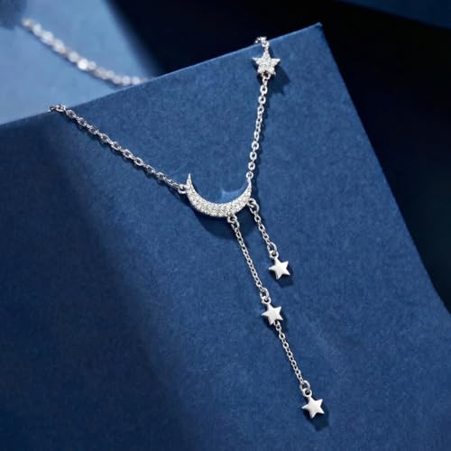 Moon Y Necklace Silver with Star Pendant, Rhinestone Long Link Chain Jewelry, Adjustable Moon Choker Crescent Pendant Collarbone Necklaces, Celestial Statement Jewelry Gifts for Women - style: Modern