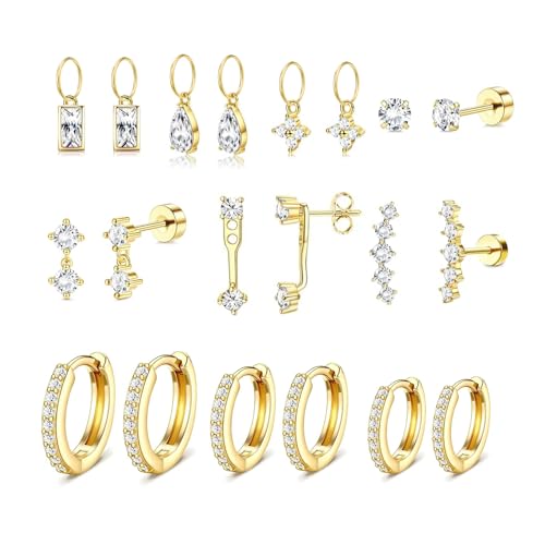 Stainless Steel Stud Earrings Set for Women Hypoallergenic Flat Back Cartilage Earrings Screw Back Huggie Hoop Earrings Multiple Piercing Cubic Zirconia Helix Tragus Jewelry - color: Set-E-14K Gold Plated