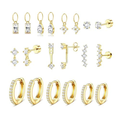 Stainless Steel Stud Earrings Set for Women Hypoallergenic Flat Back Cartilage Earrings Screw Back Huggie Hoop Earrings Multiple Piercing Cubic Zirconia Helix Tragus Jewelry - color: Set-E-14K Gold Plated