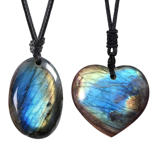 FANASY Natural Raw Crystal Necklace for Women Irregular Stone Necklaces Spiritual Gemstone Pendant with Adjustable Rope - color: X-Labradorite+Heart-Shaped